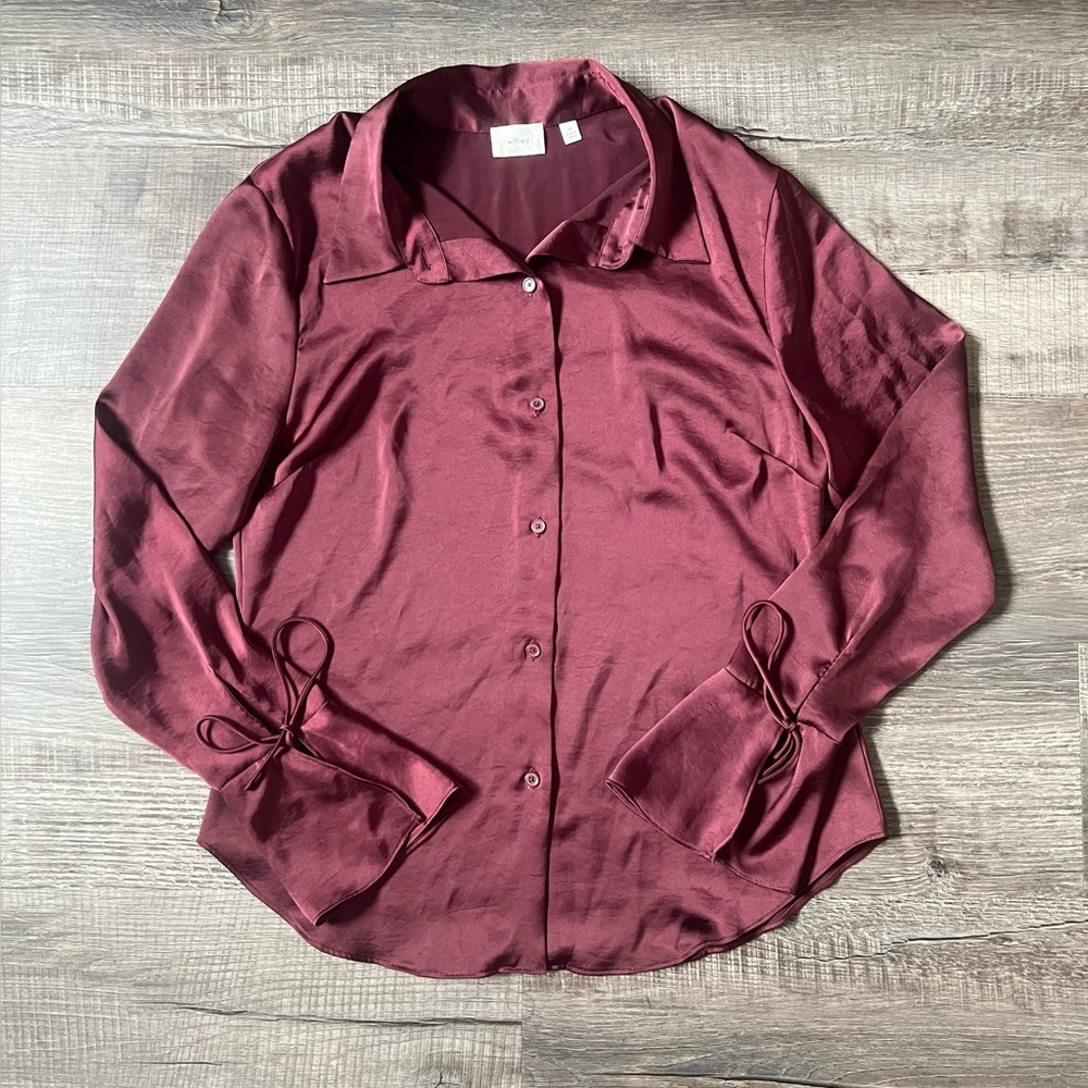 Wilfred Aritzia Burgundy Satin Blouse Medium Flare Sleeve Bow Office Evening - Picture 2 of 5
